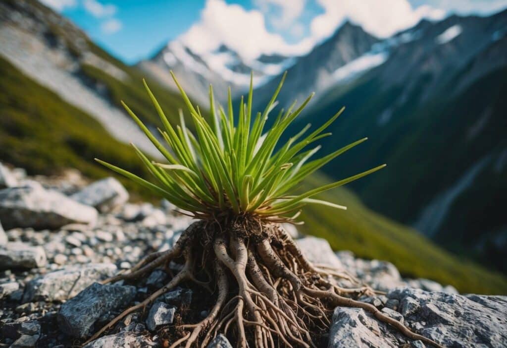 Planta aromática do Himalaia com raízes em uma paisagem montanhosa