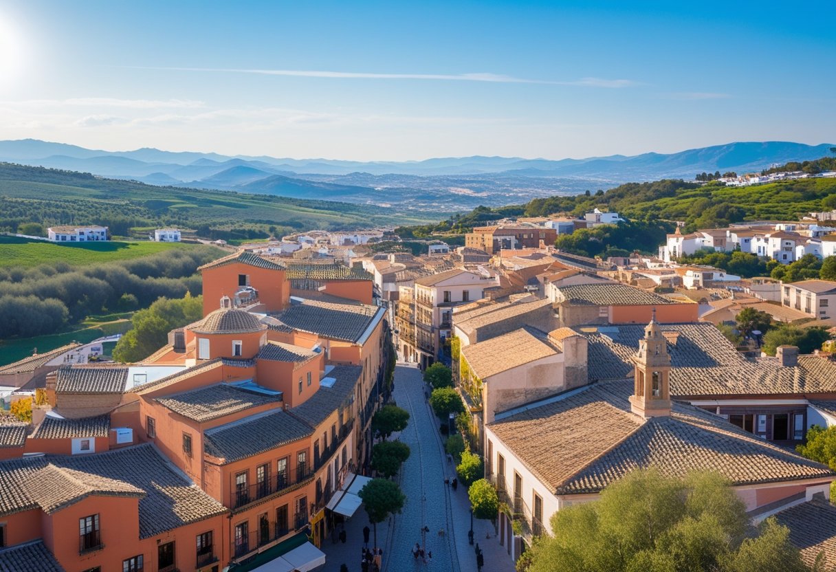 Vista panorâmica de cidades próximas a Madrid com casas tradicionais, ruas de pedra, colinas verdes e céu azul.
