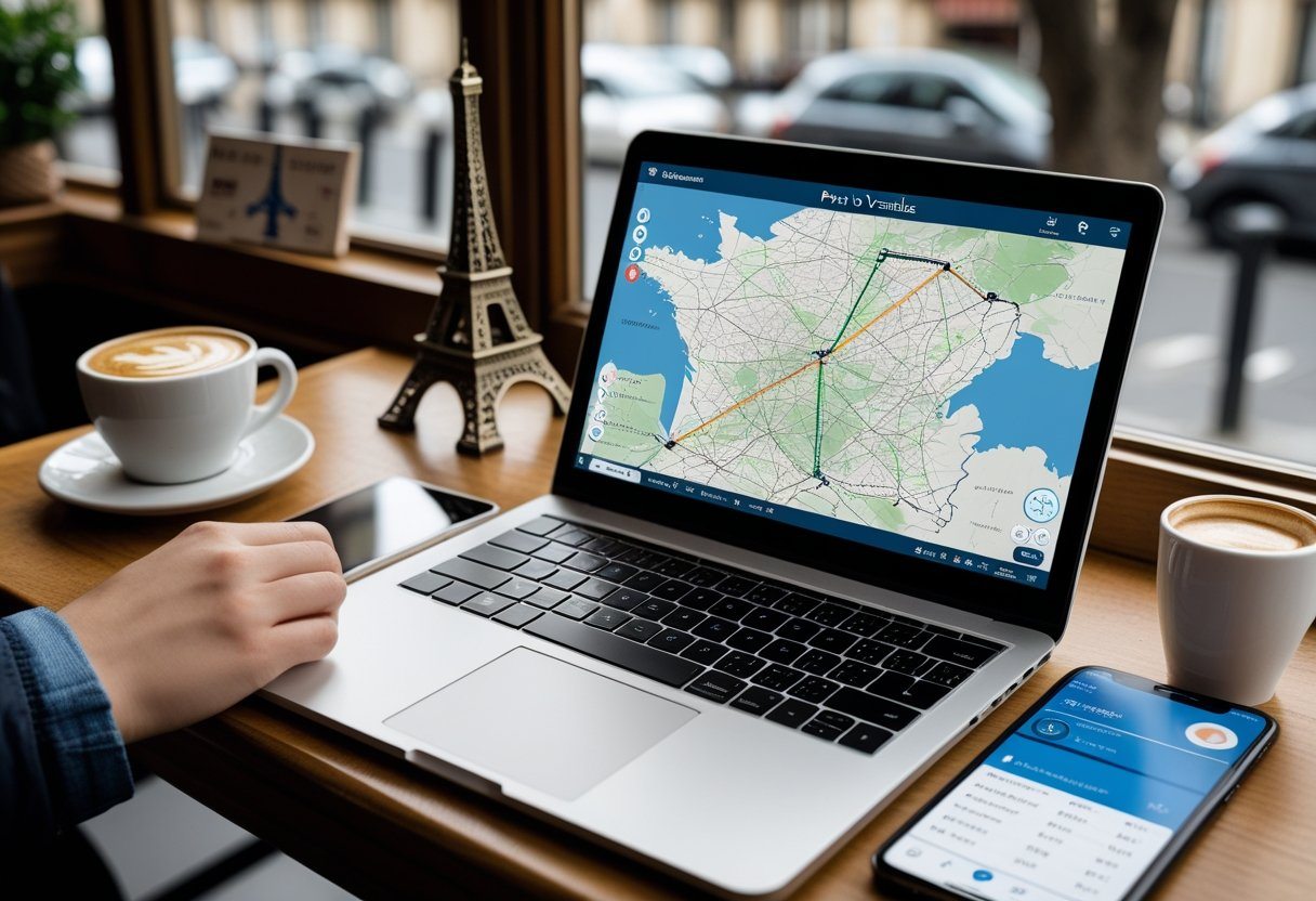 Pessoa planejando uma viagem de Paris a Versailles usando laptop com mapa e smartphone em uma cafeteria.