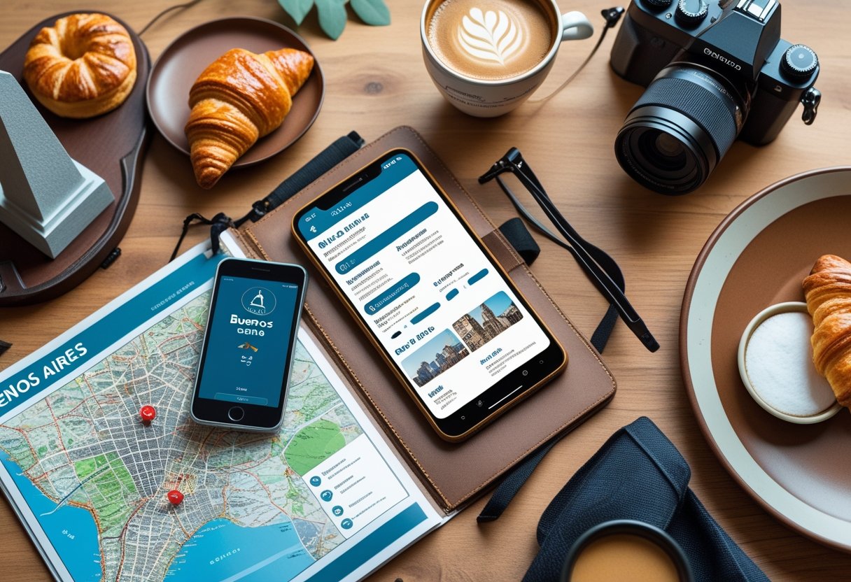 Mesa com mapa de Buenos Aires, smartphone, caderno, xícara de café, câmera e objetos relacionados à cidade.