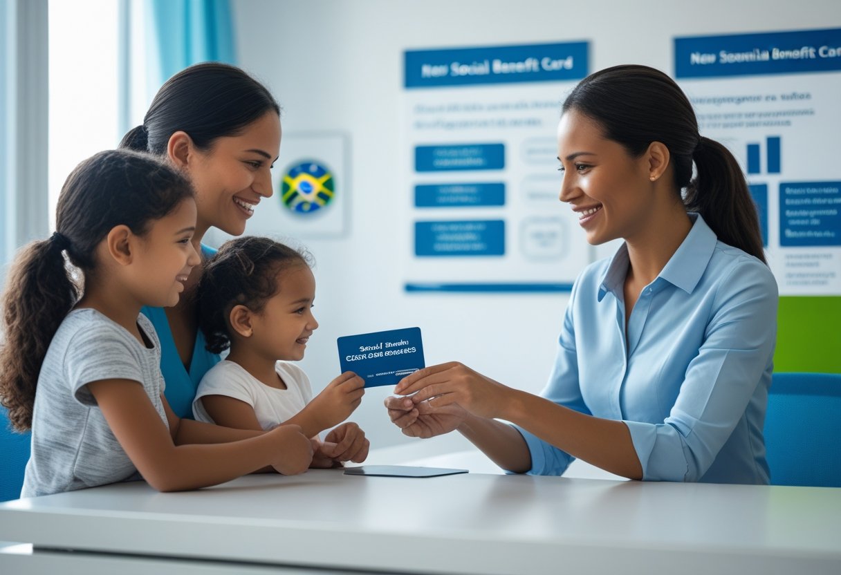 Família brasileira recebendo um novo cartão do Bolsa Família em um atendimento governamental.