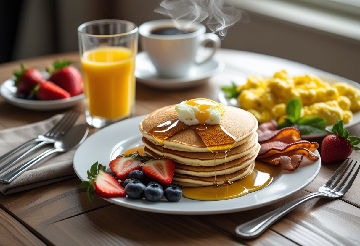 Mesa com um café da manhã americano tradicional, incluindo ovos mexidos, bacon, panquecas com xarope, frutas frescas, suco de laranja e café.