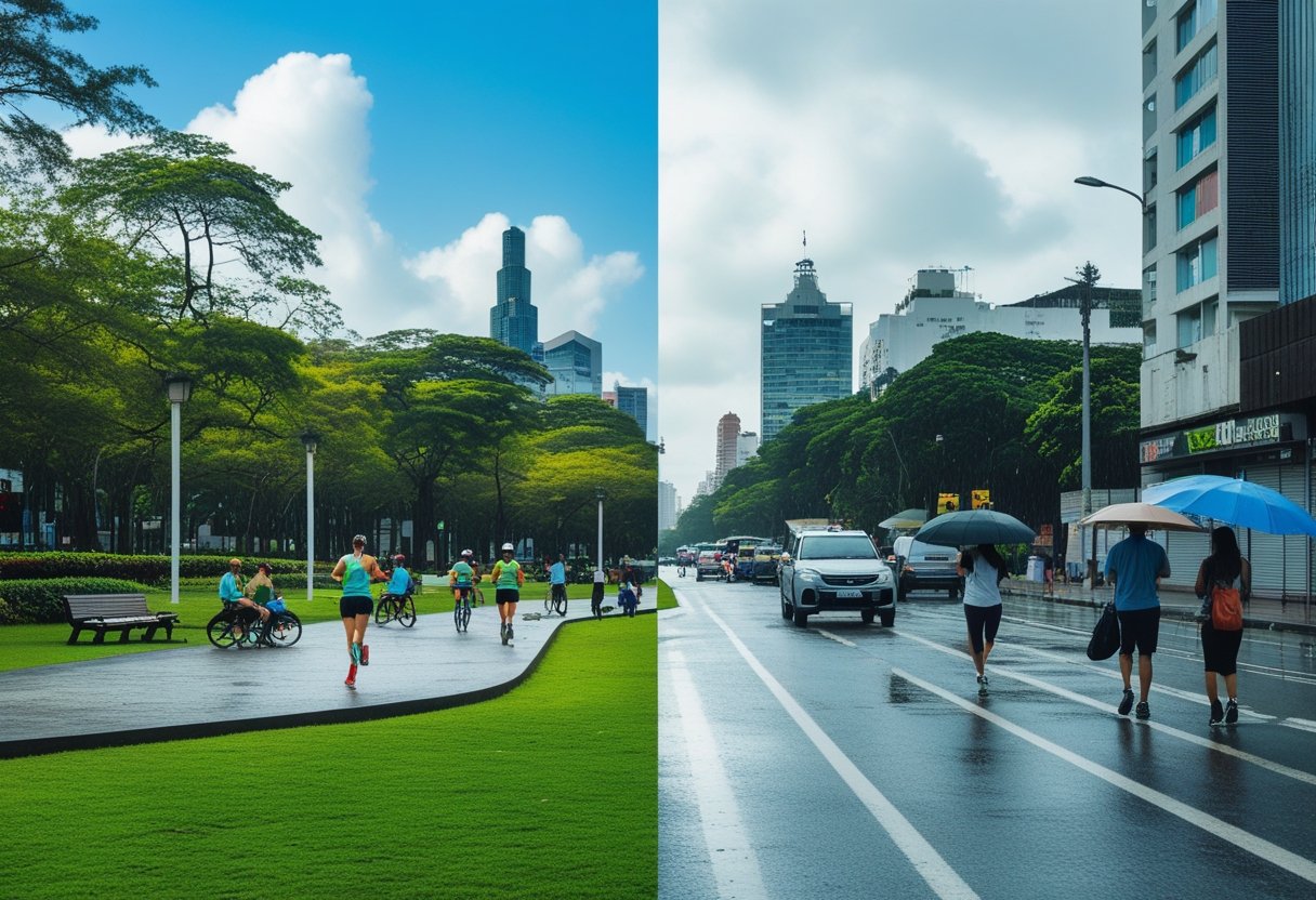 Cena dividida mostrando de um lado um parque urbano verde e pessoas se exercitando, e do outro lado uma rua da cidade chuvosa com pessoas usando guarda-chuvas e trânsito.