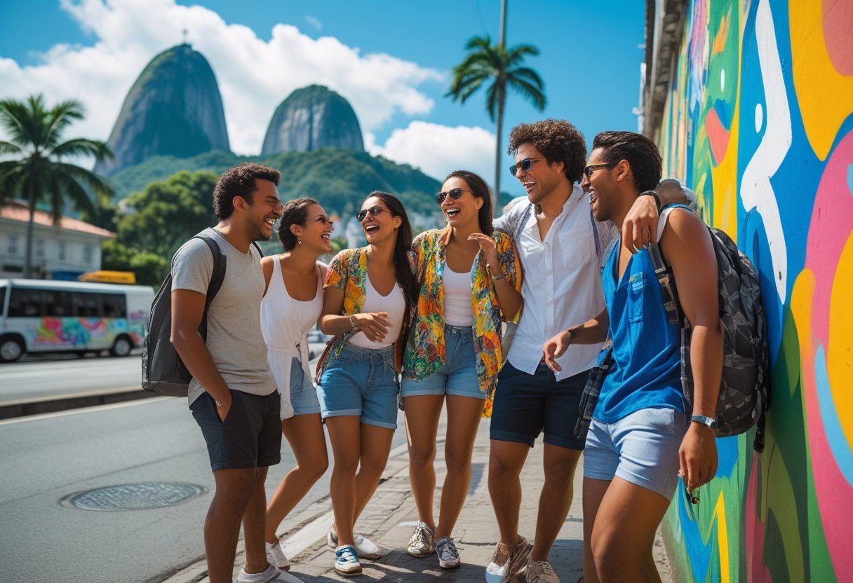 Grupo de jovens conversando e sorrindo em uma rua colorida do Rio de Janeiro, com o Pão de Açúcar ao fundo.