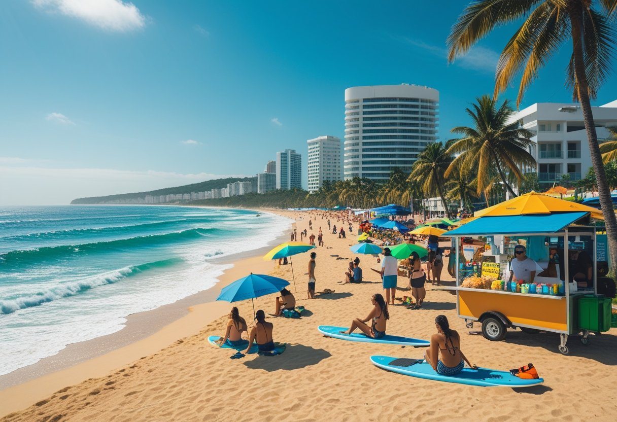 Vista da praia do Futuro em Fortaleza com turistas aproveitando o sol, ondas do mar, vendedores locais e prédios ao fundo.