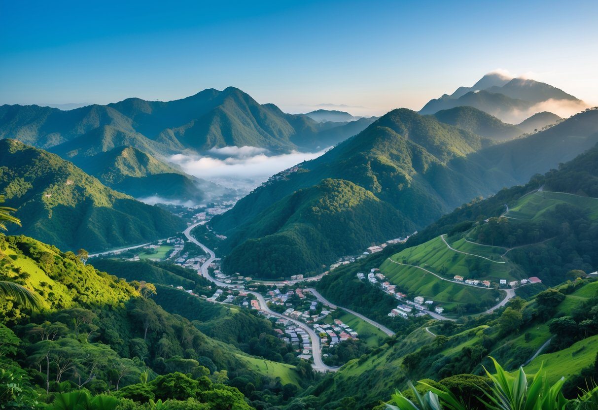 Vista panorâmica de uma serra verdejante no Rio de Janeiro com montanhas, florestas densas e pequenas vilas entre os vales.