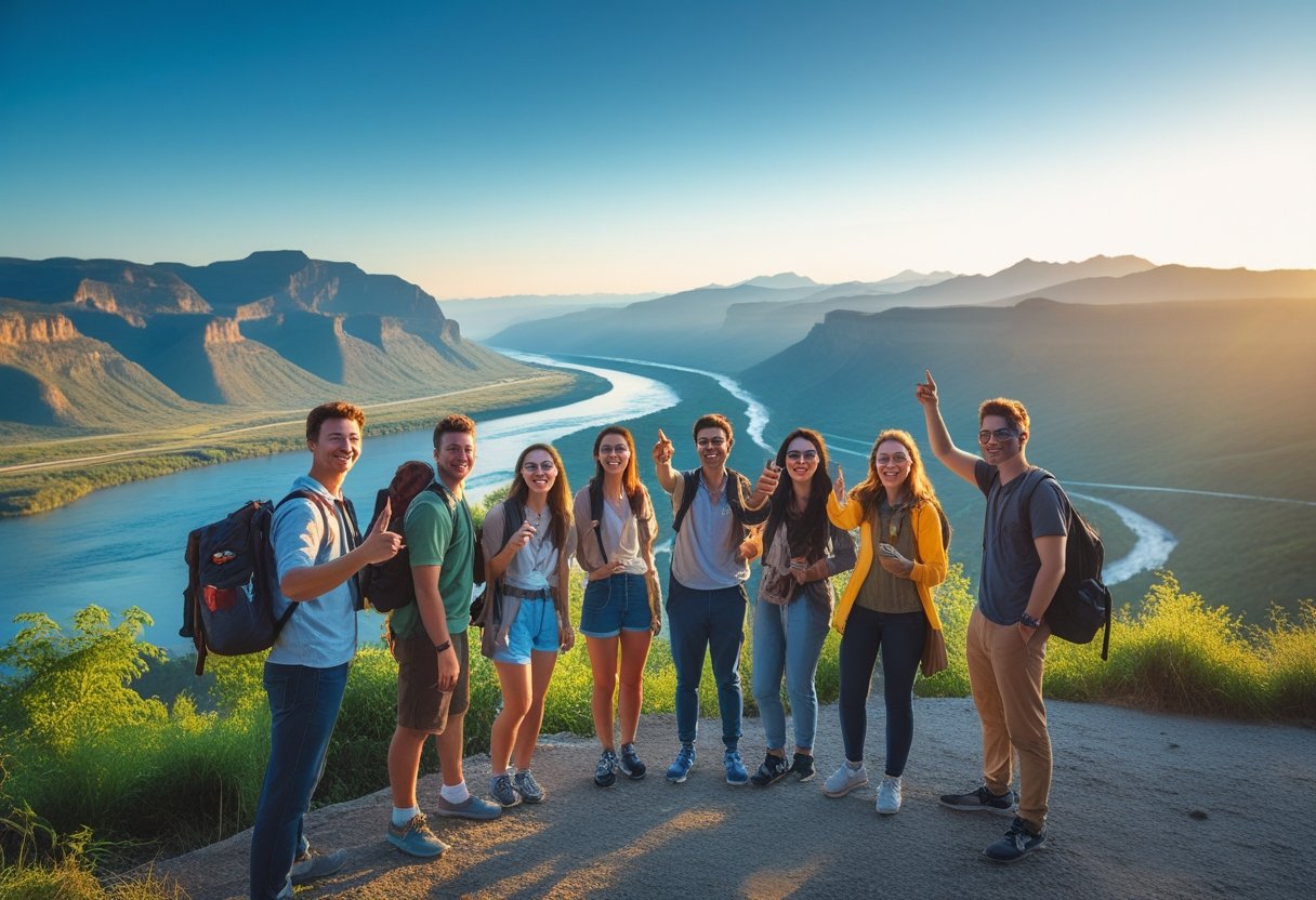 Grupo de jovens em um mirante com vista para montanhas, rio e céu claro, aproveitando um momento de viagem.
