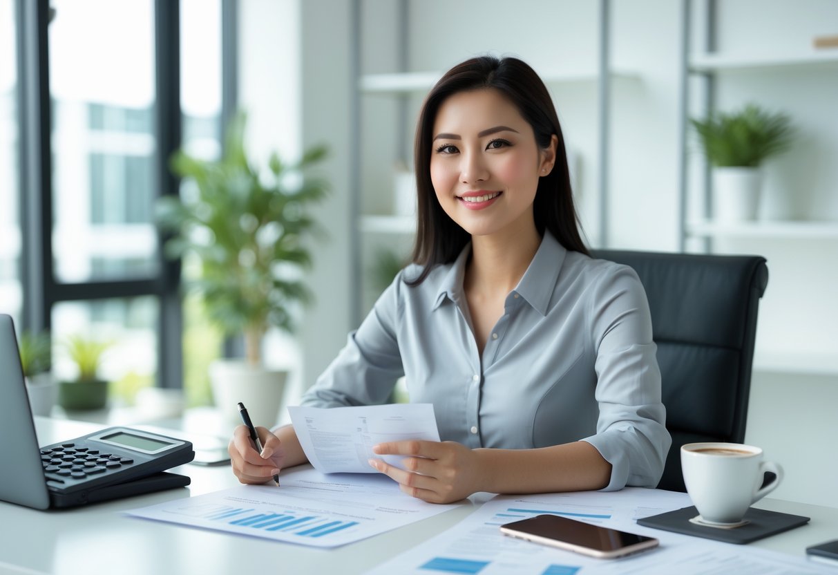 Mulher jovem sentada em uma mesa de escritório moderna, analisando documentos financeiros com uma calculadora e laptop ao lado.