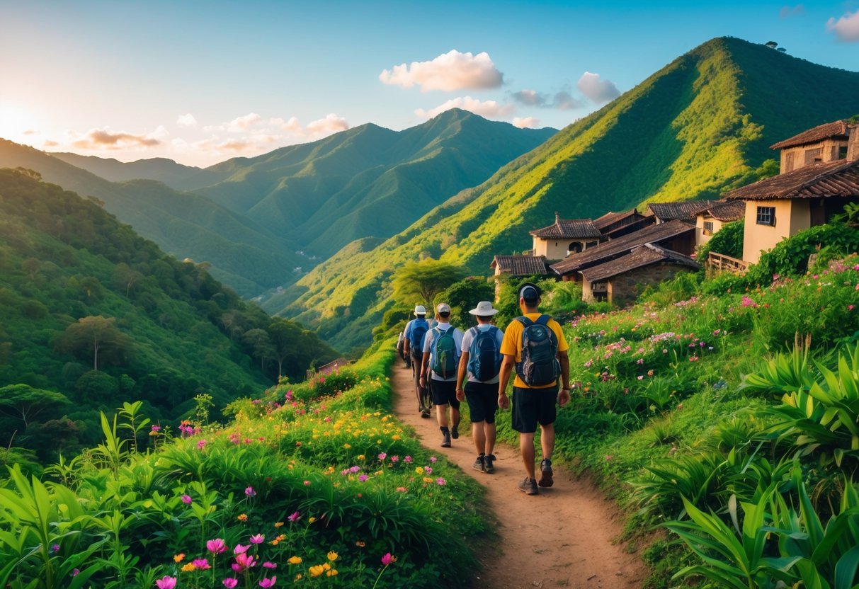 Trilha cercada por flores e vegetação com montanhas verdes ao fundo e casas rústicas em Aiuruoca, com pessoas caminhando pela natureza.