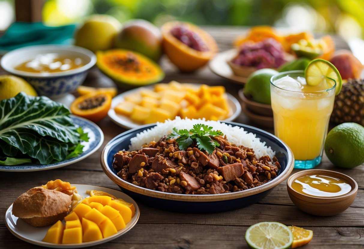 Mesa com pratos tradicionais da comida do Rio de Janeiro, incluindo feijoada, pastel, caldo de cana, frutas tropicais e uma caipirinha.