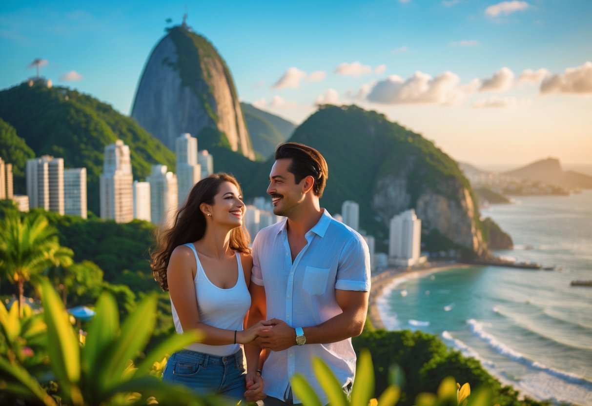 Casal sorrindo e de mãos dadas em um ponto turístico do Rio de Janeiro, com vista para a praia e o Pão de Açúcar ao fundo.