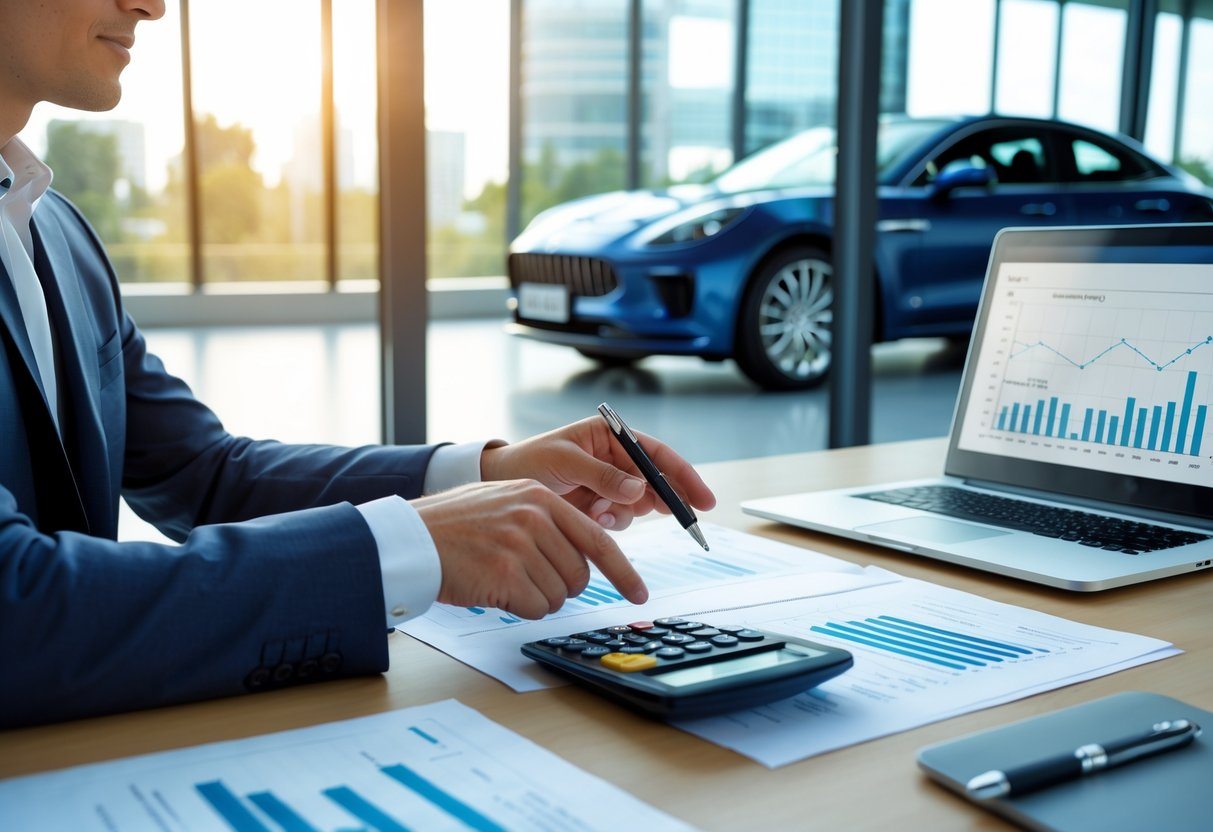Pessoa revisando documentos financeiros em um escritório moderno com um carro visível pela janela ao fundo.