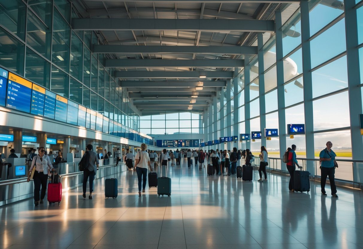 Terminal movimentado de aeroporto em Buenos Aires com passageiros andando, telas de informações e aviões ao fundo.