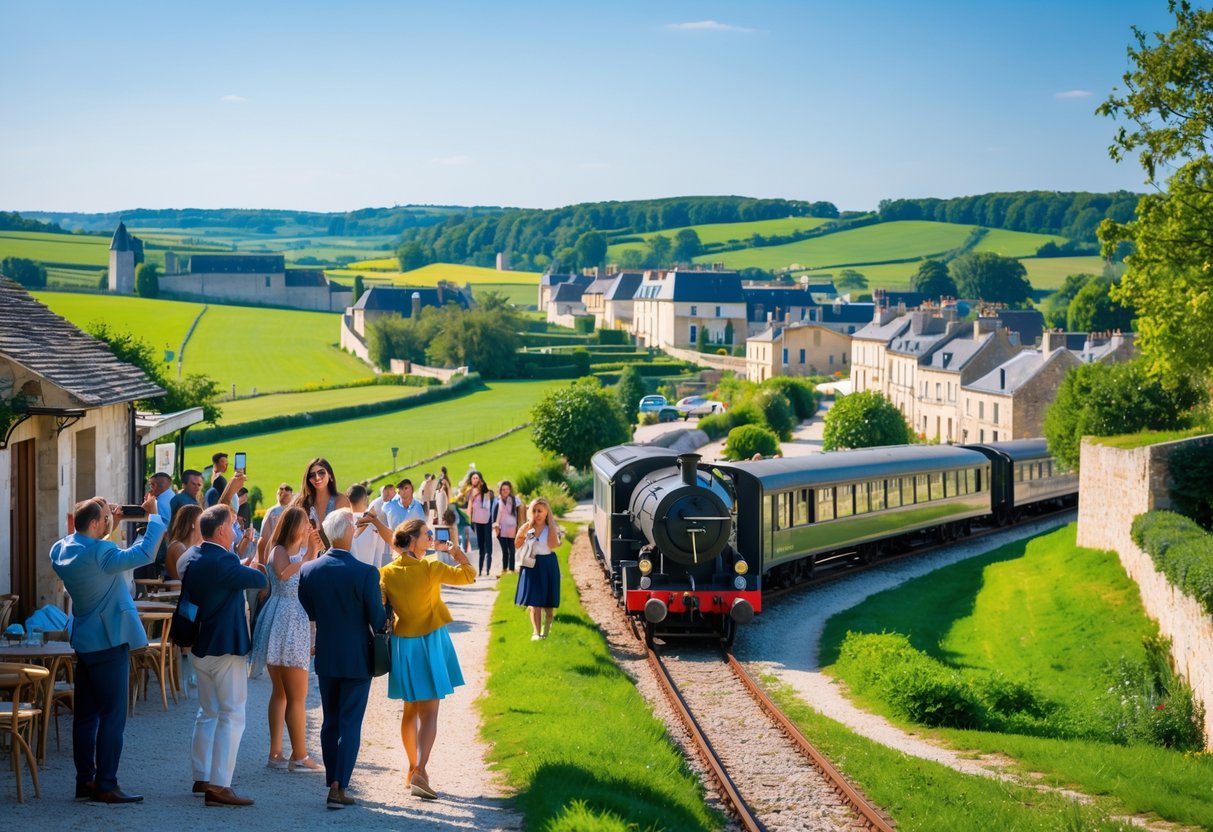 Grupo de turistas aproveitando um dia em uma vila francesa com campos verdes e uma estação de trem ao fundo.