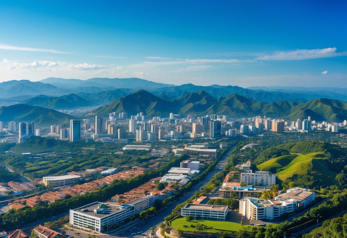 Vista panorâmica de cidades próximas a Belo Horizonte com prédios, áreas verdes e montanhas ao fundo.