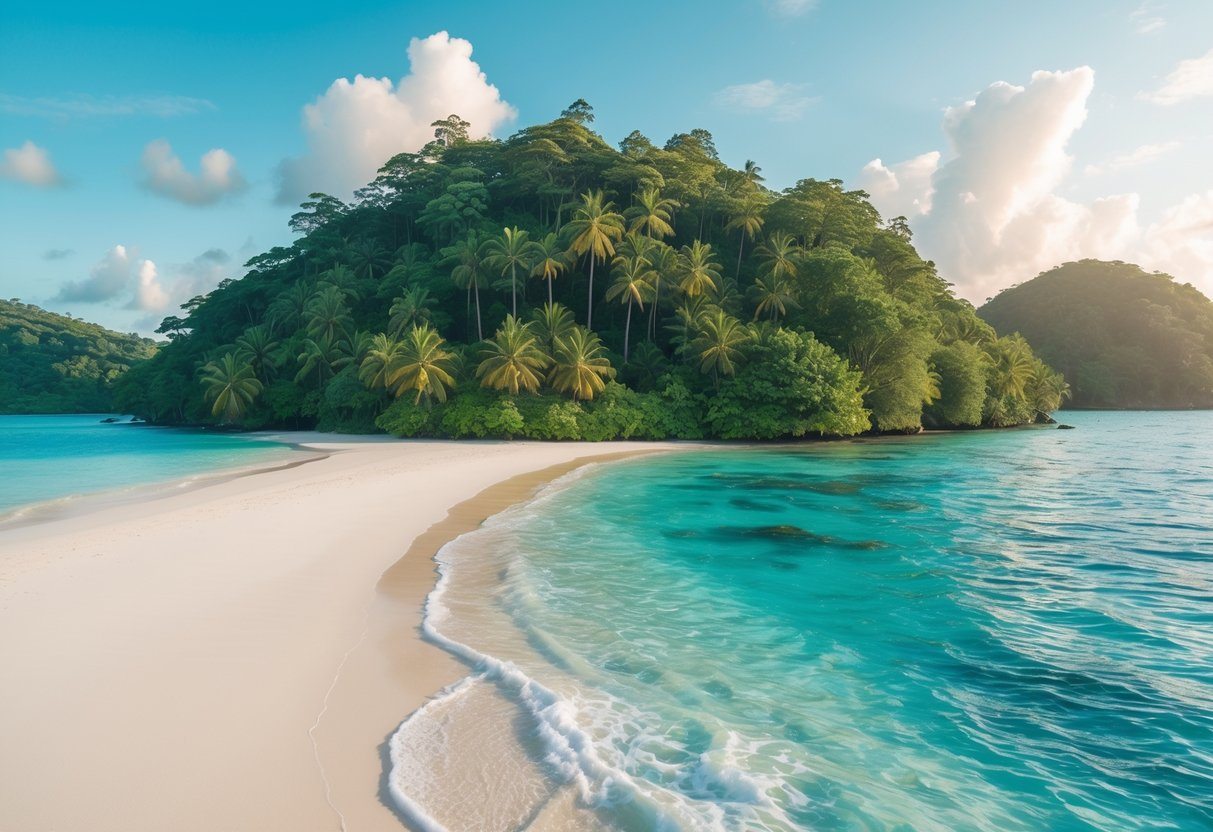 Ilha tropical com árvores de cedro verdes, água azul cristalina e praia de areia branca sob um céu claro.