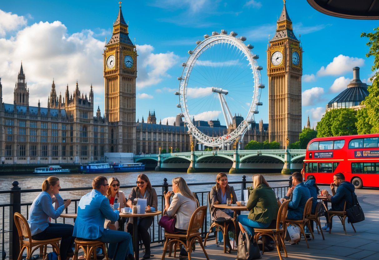 Vista de pontos turísticos famosos de Londres com pessoas aproveitando a cidade em um dia ensolarado.
