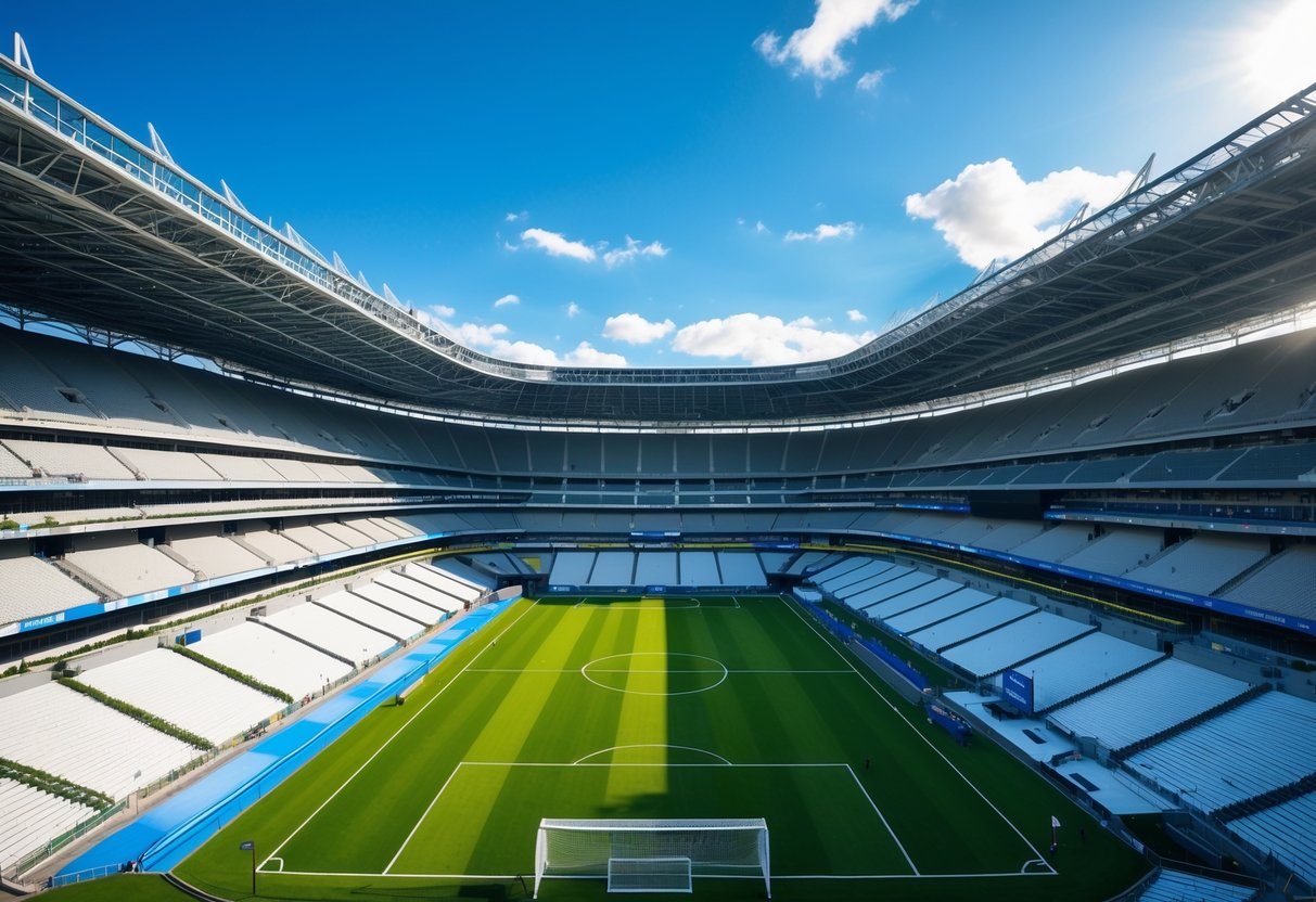 Vista aérea de um enorme estádio de futebol vazio com campo verde e arquibancadas amplas sob céu azul.