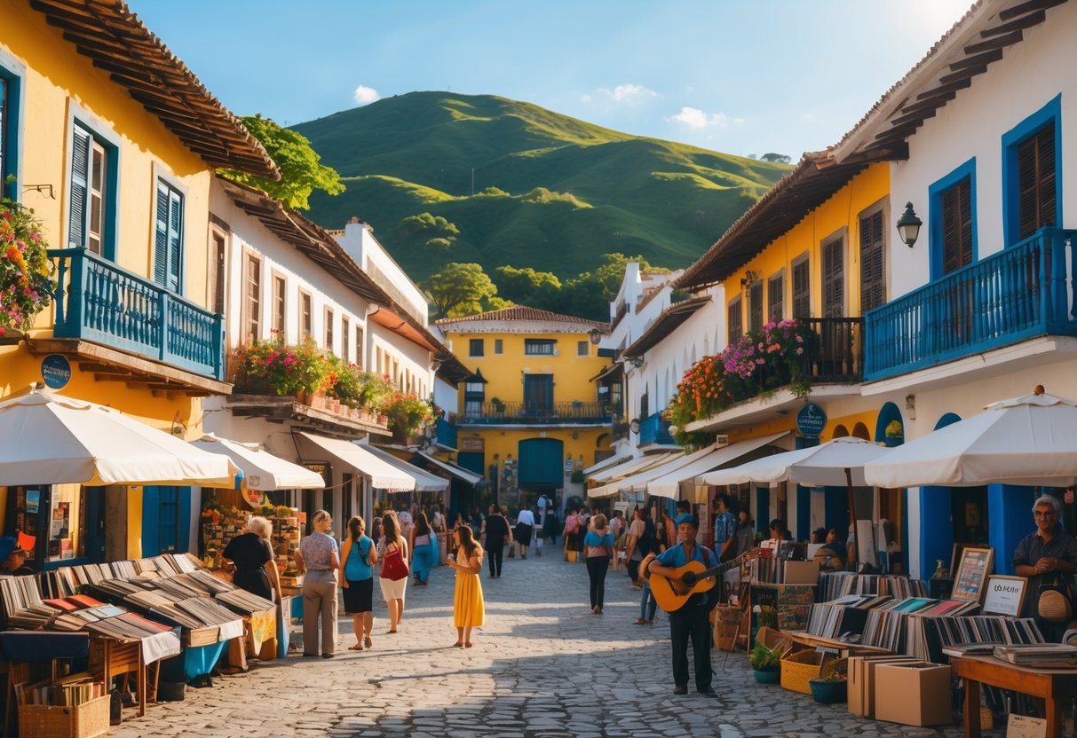 Praça histórica de Conservatória com prédios coloniais coloridos, pessoas em mercado de rua e músico tocando violão, cercada por colinas verdes.