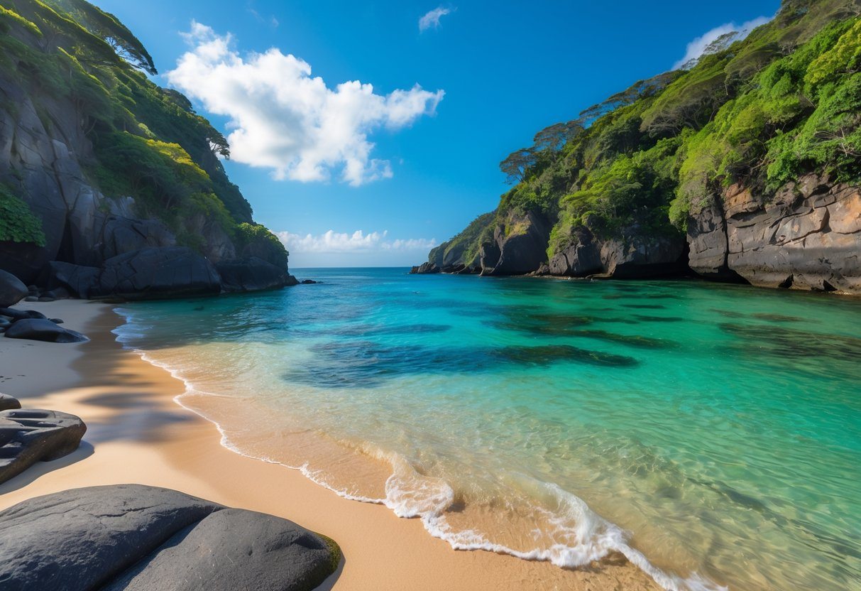 Praia do Secreto no Rio de Janeiro, uma pequena praia cercada por pedras e vegetação, com água azul clara e areia dourada.