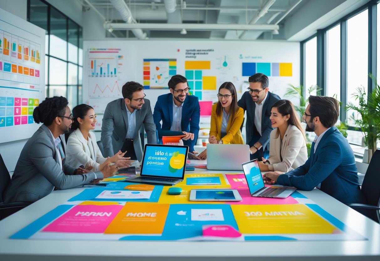 Profissionais colaborando em um escritório moderno com materiais de marketing e dispositivos digitais, discutindo e criando anúncios.
