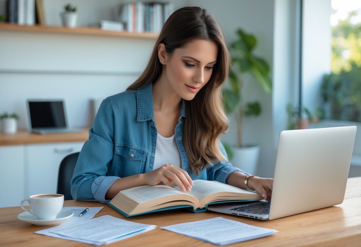 Mulher jovem estudando português em um escritório em casa com livro, laptop e anotações.