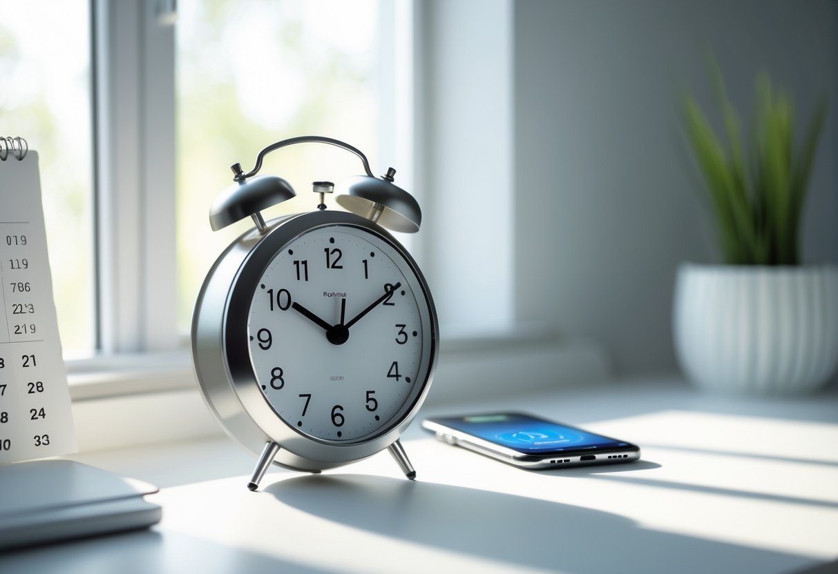 Relógio analógico em uma mesa branca com luz natural suave e um calendário ao fundo.