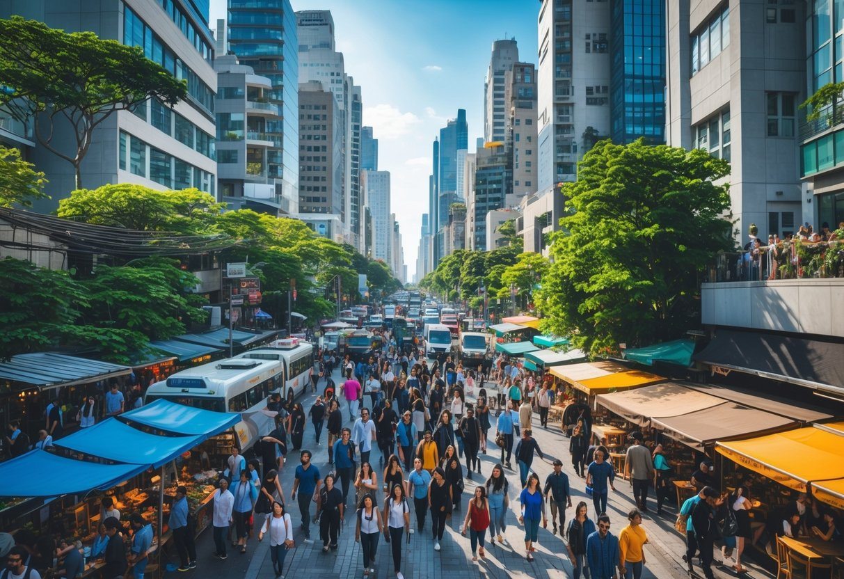 Cena urbana movimentada com muitas pessoas, carros e prédios próximos, mostrando uma área densamente povoada.