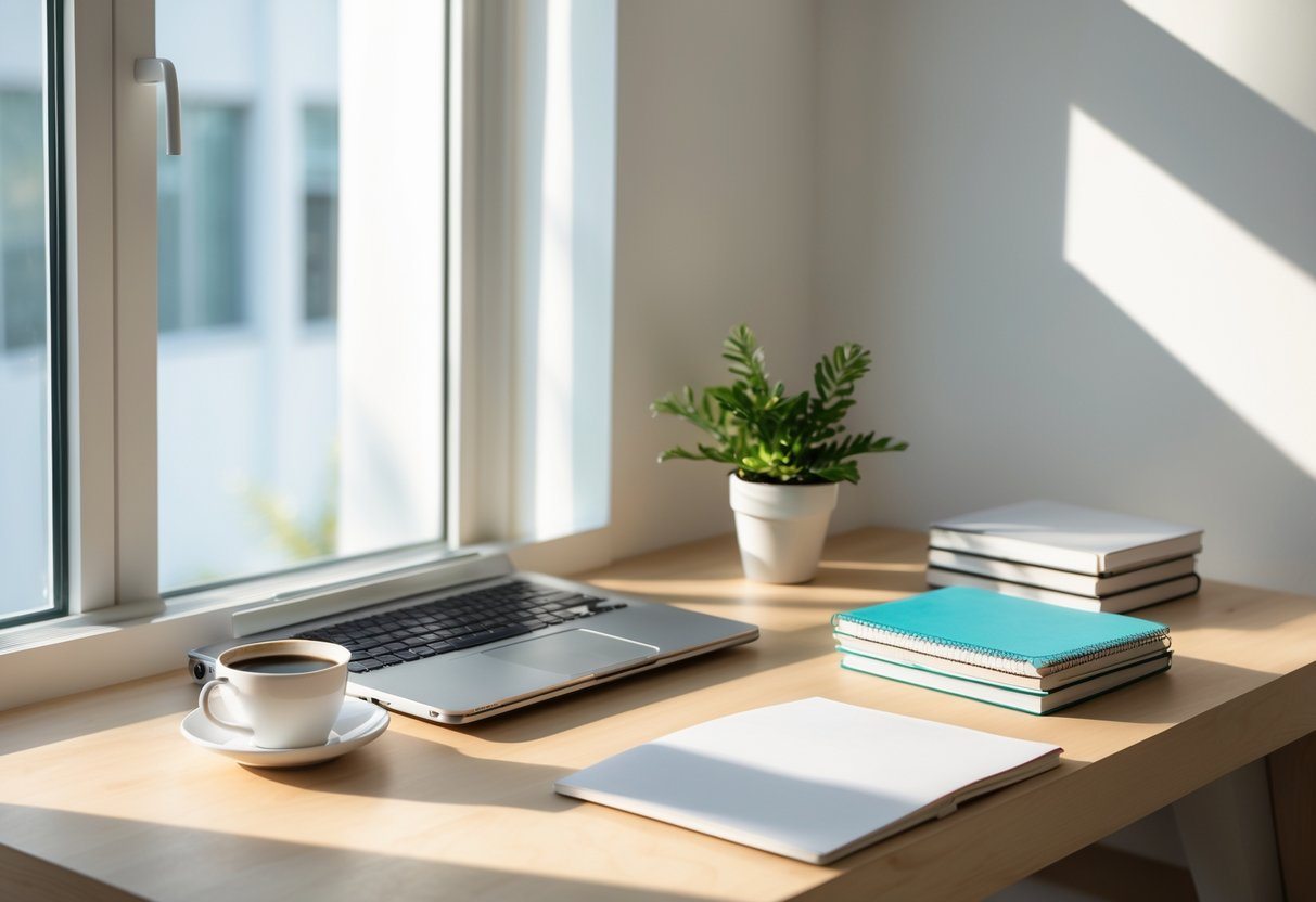 Uma parte modesta de um espaço de trabalho moderno com uma mesa de madeira, laptop fechado, planta pequena, cadernos empilhados e uma xícara de café.