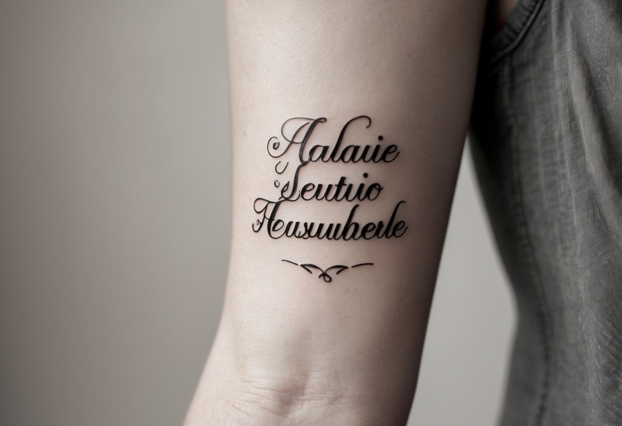Braço com uma tatuagem em latim escrita em letras elegantes, em destaque contra um fundo desfocado neutro.