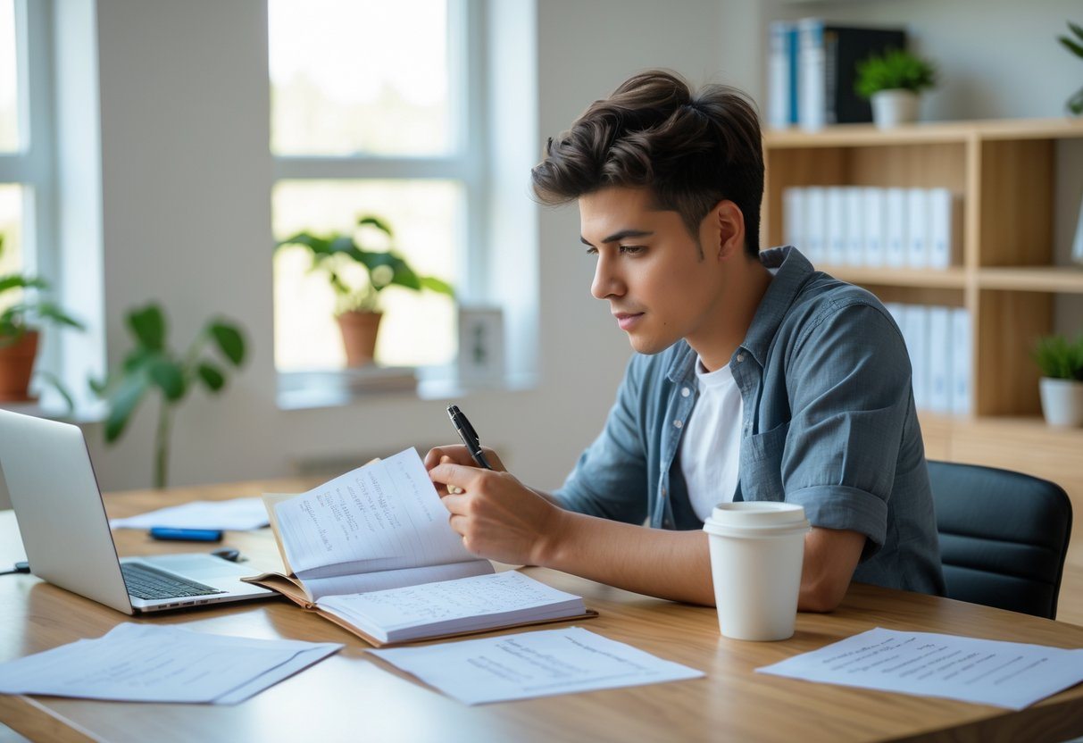 Pessoa jovem pensativa sentada em uma mesa de escritório em casa, olhando para um caderno aberto enquanto segura uma caneta.