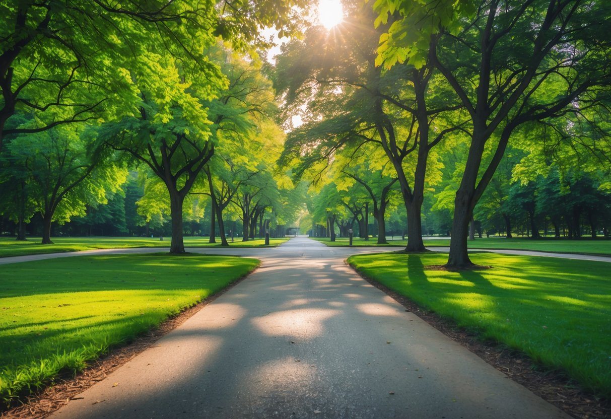 Encruzilhada em um parque verde com duas trilhas divergentes sob luz do dia.