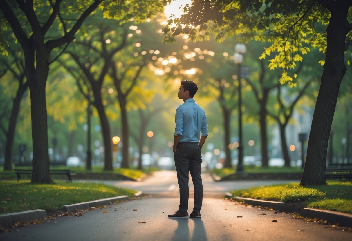 Pessoa jovem pensativa em uma encruzilhada em um parque urbano com árvores verdes e luz do sol suave.