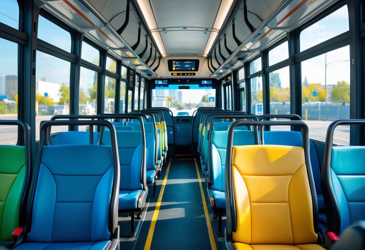 Interior de um ônibus moderno vazio mostrando os assentos organizados e iluminados pela luz natural.
