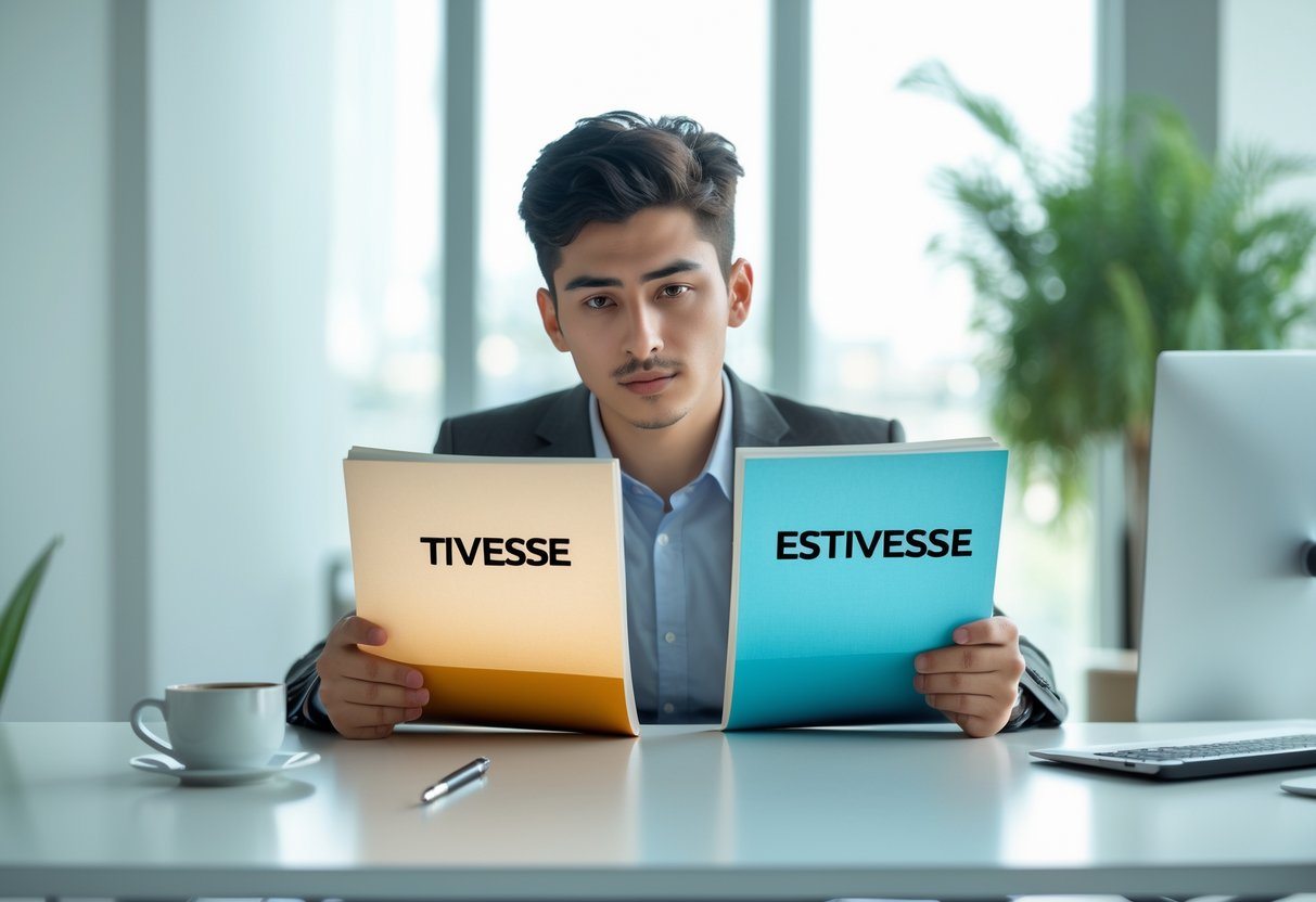 Pessoa jovem pensativa sentada em uma mesa de escritório moderna, olhando para dois cadernos abertos que representam diferentes opções.