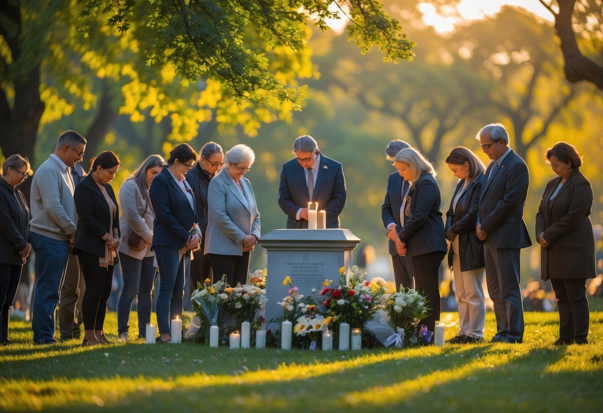 Grupo de pessoas em um parque realizando uma homenagem ao redor de um memorial com flores e velas.