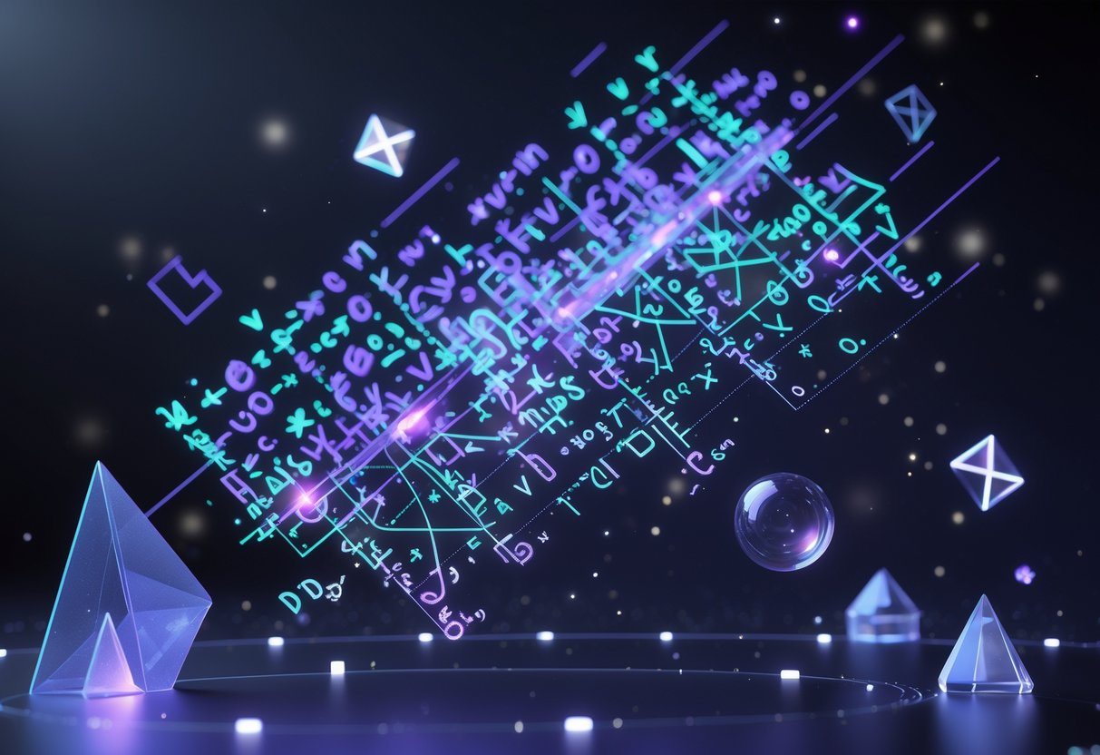 Uma equação matemática complexa e intrincada flutuando em um espaço escuro, com símbolos brilhantes e formas geométricas ao redor.