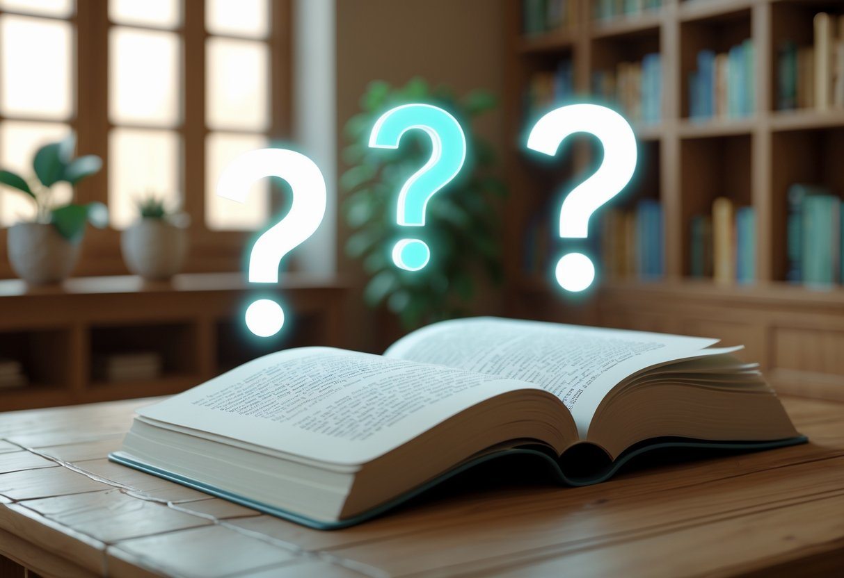 Livro aberto sobre uma mesa de madeira com sinais de interrogação e acentos flutuando ao redor, em uma sala de estudo iluminada.
