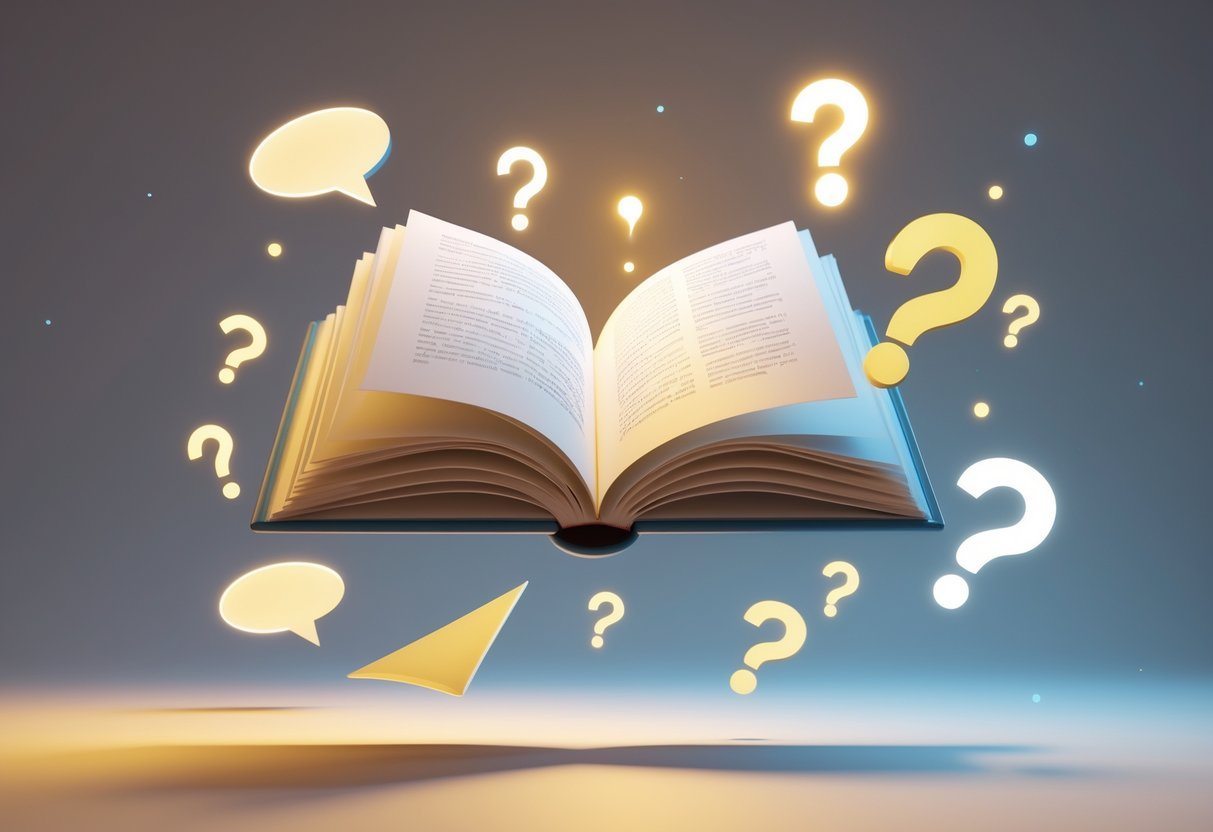 Um livro aberto flutuando no ar com sinais de pontuação brilhantes ao redor, em um fundo com tons suaves que representam aprendizado e questionamento.