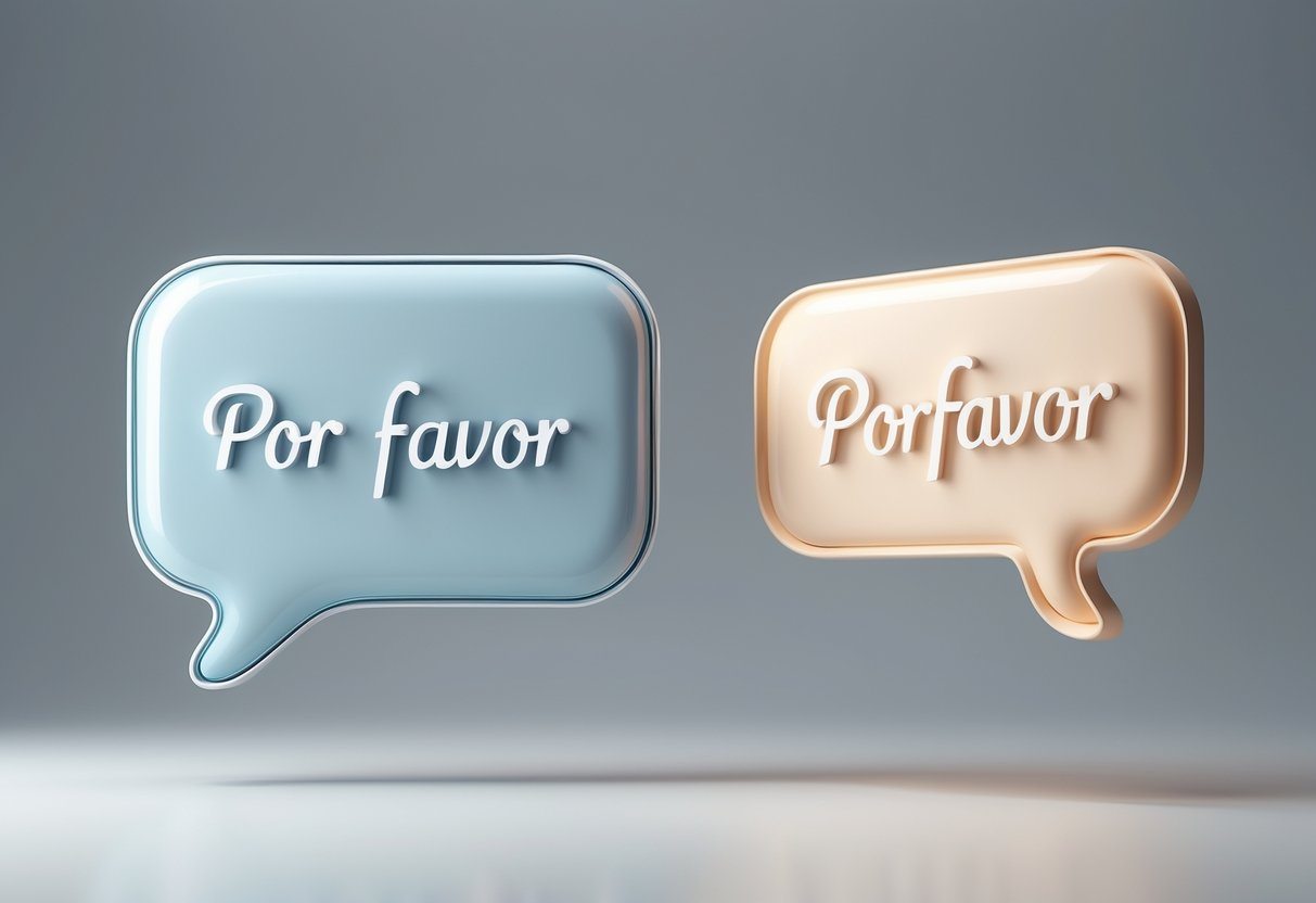 Duas bolhas de fala 3D flutuando lado a lado, uma representando 'por favor' de forma elegante e outra 'porfavor' de forma mais informal, com cores e formas diferentes.