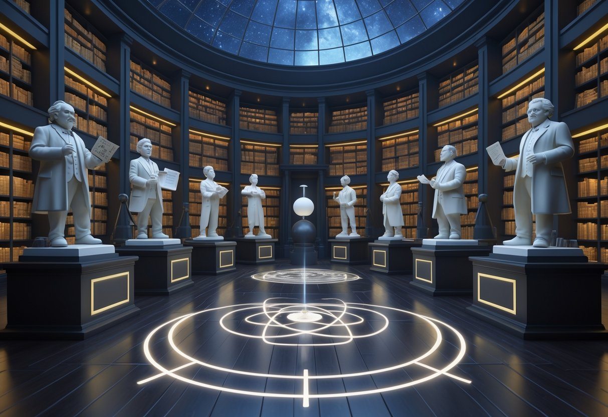 Uma grande sala de biblioteca futurista com estátuas de físicos famosos cercadas por livros antigos e instrumentos científicos sob um teto de vidro mostrando o céu estrelado.