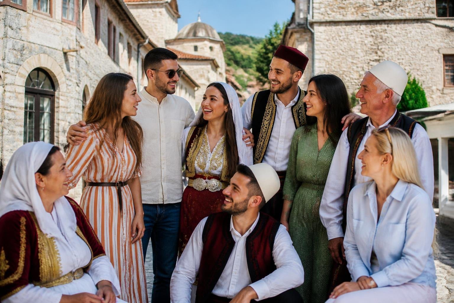 Grupo diversificado de pessoas dos Balcãs reunidas ao ar livre em uma rua histórica, sorrindo e interagindo entre si.