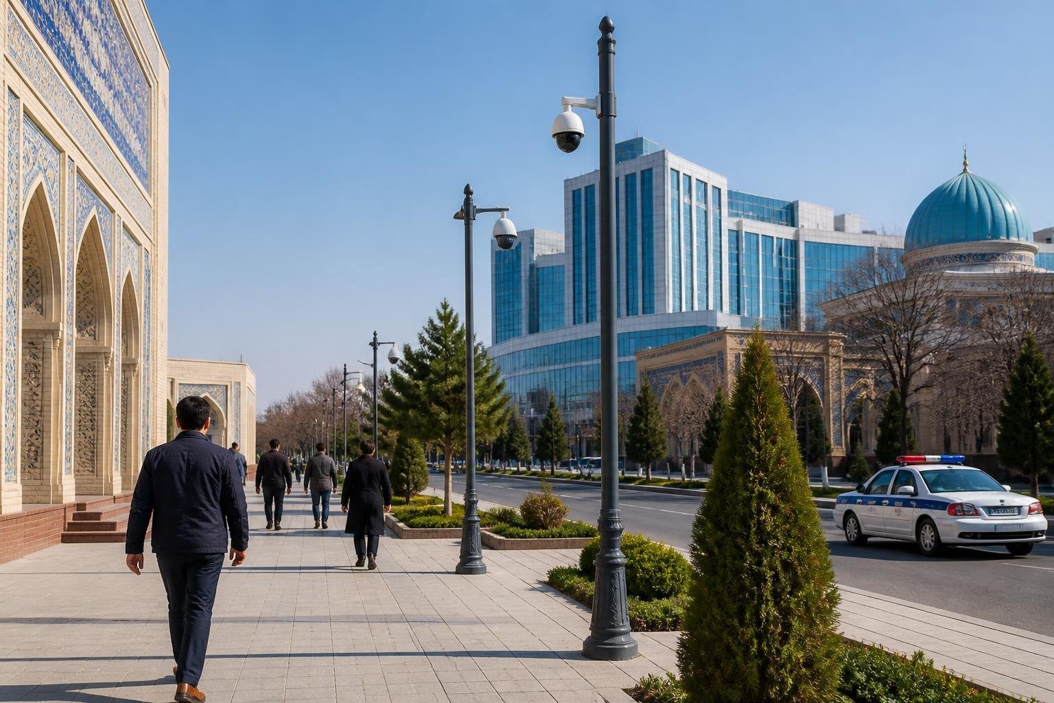 Rua urbana em uma cidade do Uzbequistão com pedestres caminhando e um carro de polícia ao fundo.