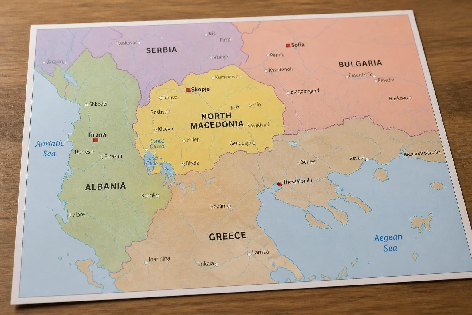 Mapa político detalhado da região da Macedônia e países vizinhos no sudeste da Europa.