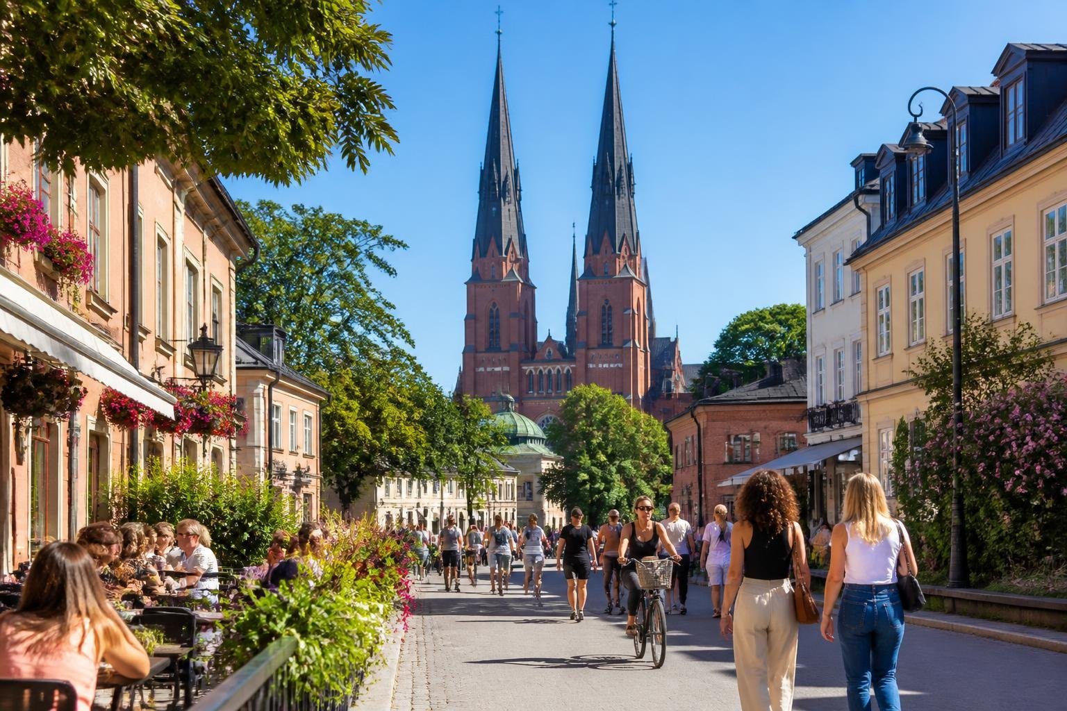 Rua movimentada em Uppsala com pessoas caminhando, cafés ao ar livre e a catedral ao fundo em um dia ensolarado.