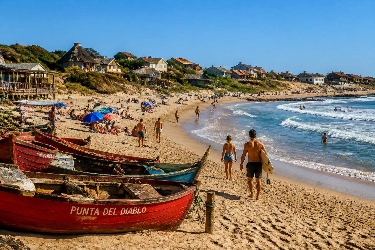 Praia de Punta del Diablo com pessoas surfando, tomando sol e caminhando, barcos de pesca na areia e vegetação costeira ao fundo.