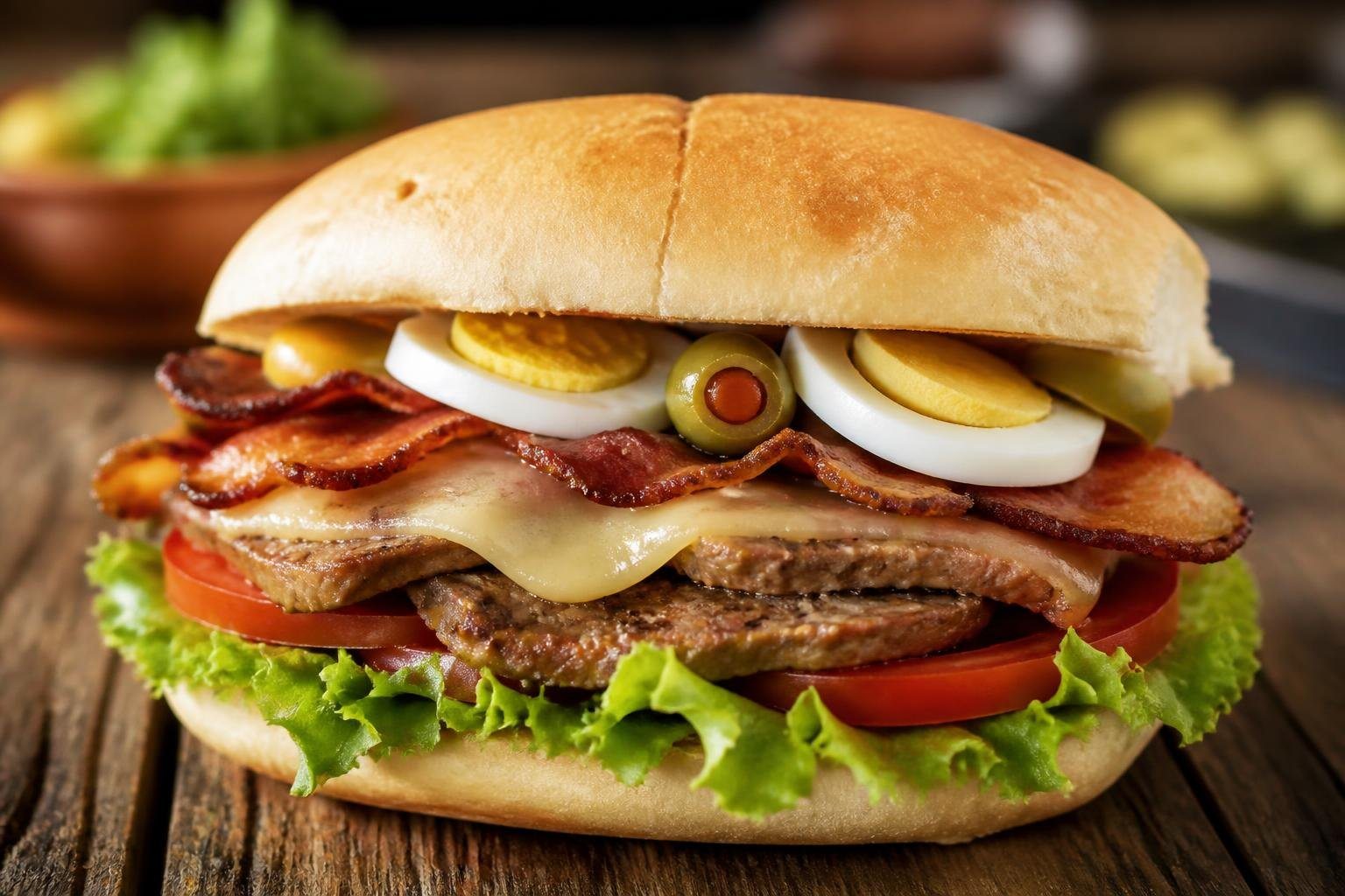 Sanduíche chivito tradicional uruguaio com carne grelhada, queijo, bacon, alface, tomate, ovo cozido e azeitonas em um pão macio sobre uma mesa de madeira.