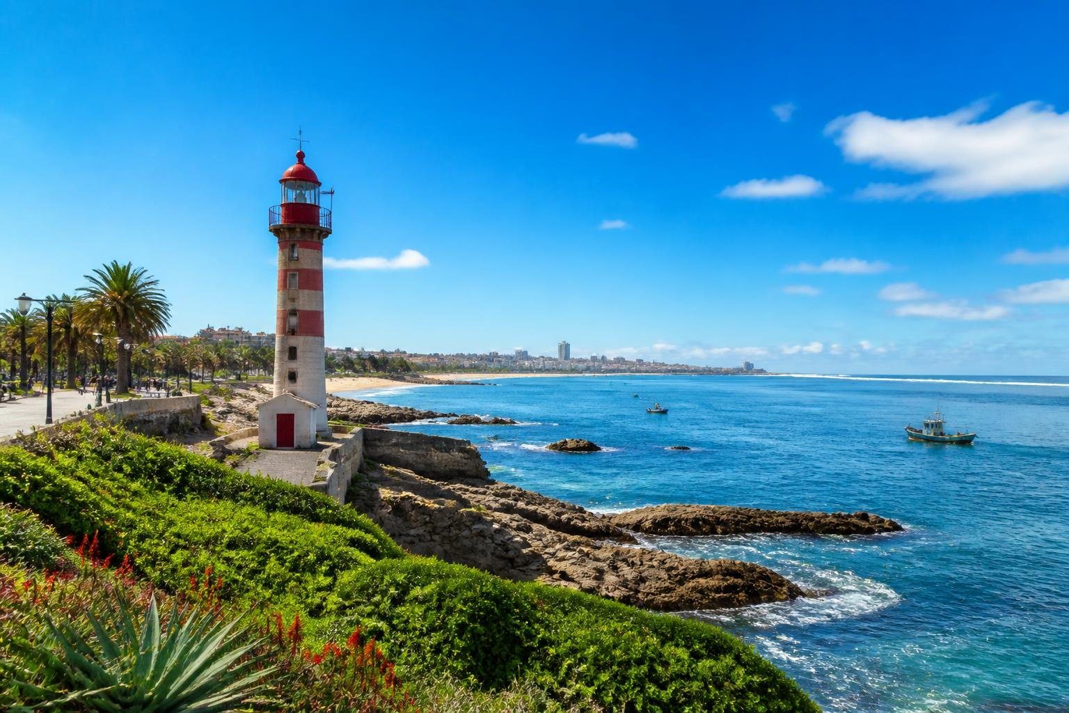 Vista da confluência do rio Douro com o oceano Atlântico em Foz do Douro, com farol, pedras, praia, barcos e pessoas caminhando no calçadão à beira-mar.
