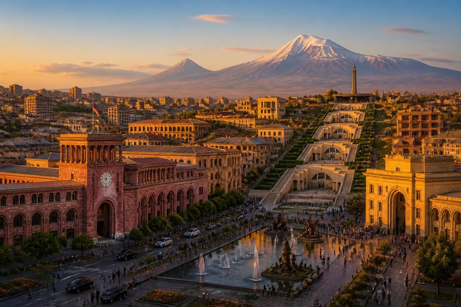 Vista panorâmica da cidade de Yerevan, capital da Armênia, com edifícios históricos, escadarias e o Monte Ararat ao fundo sob um céu claro.