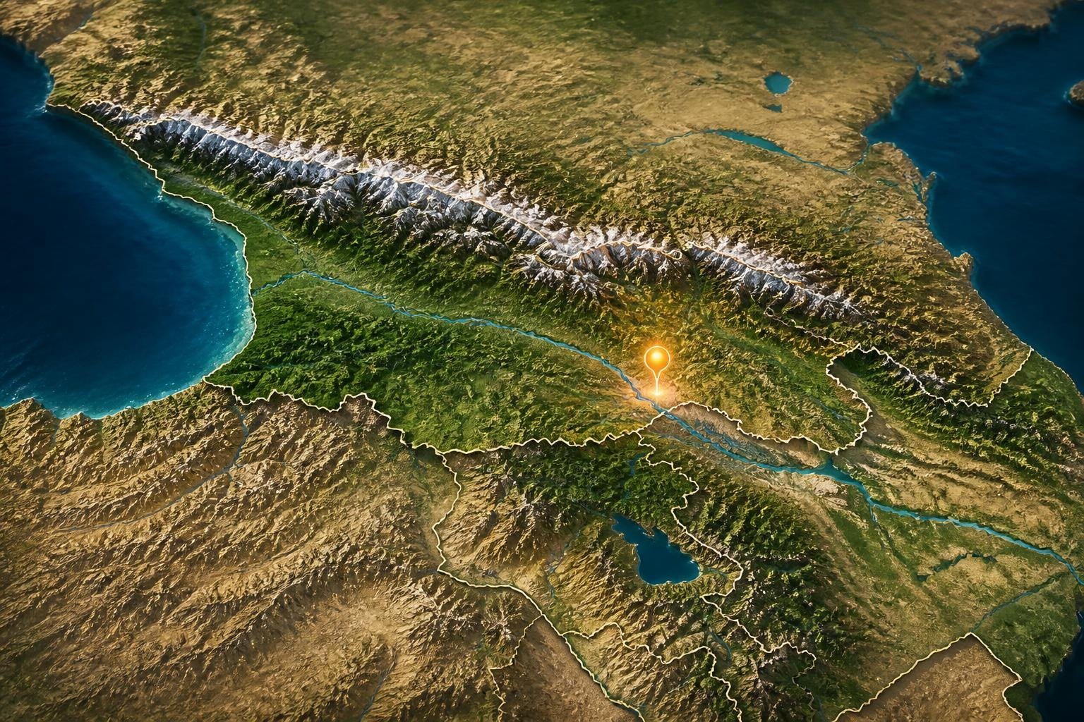 Mapa 3D mostrando a localização da cidade de Tbilisi na Geórgia, destacada com um marcador brilhante, cercada por montanhas e rios.